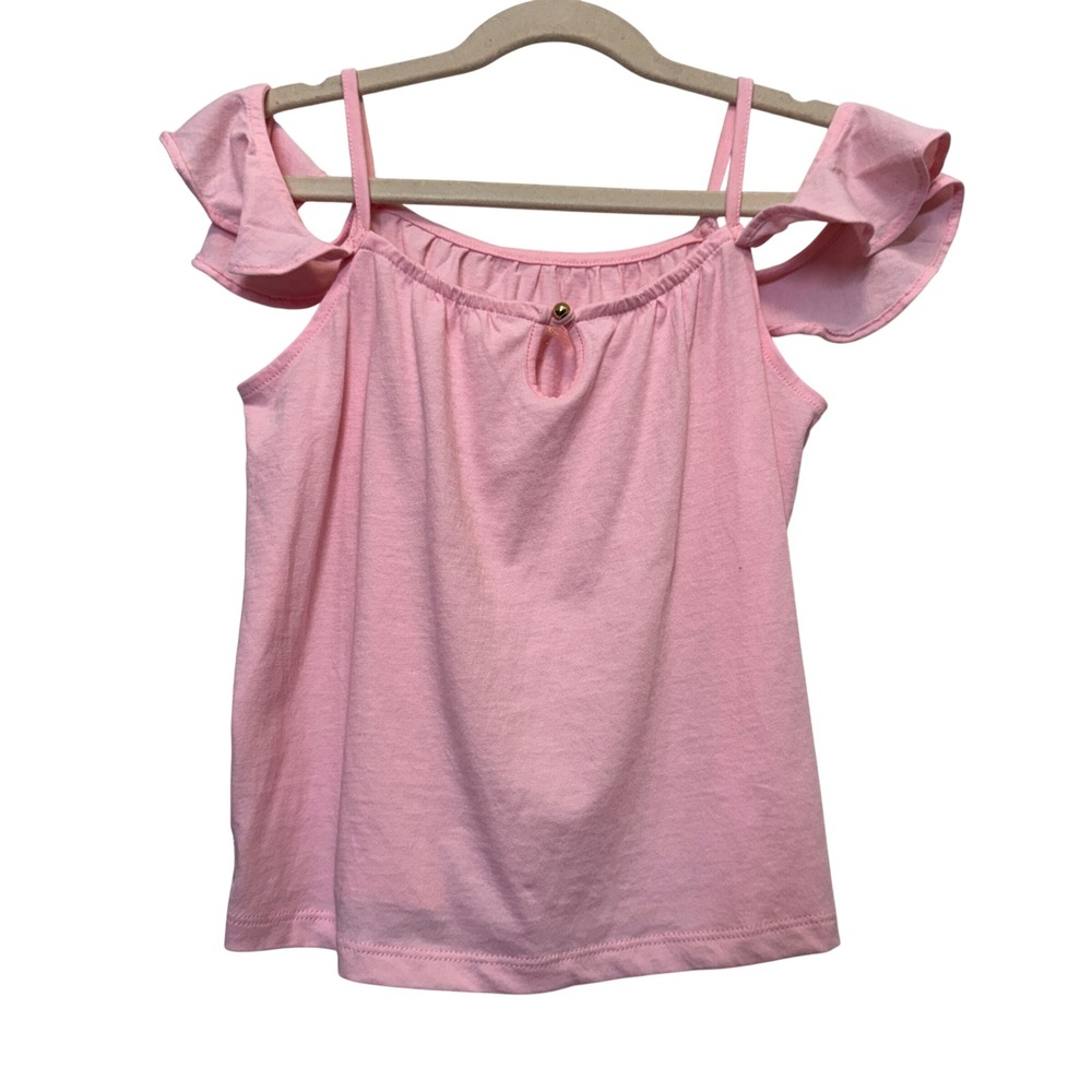 Lilly Pulitzer Girls Top S 4-5 Pink Ruffle Cold Shoulder Coastal Summer Blouse